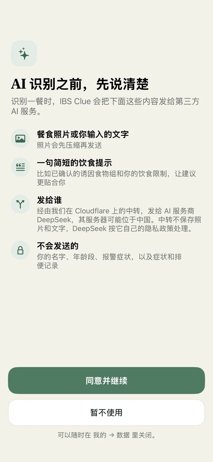 同意页面:说明会发送什么、不会发送什么